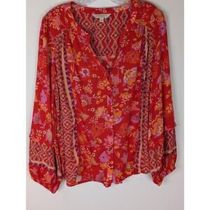 Liverpool Los Angeles 1X Red Boho Floral Long Sleeve Viscose Popover Top EUC